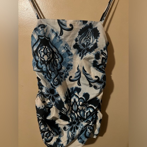 Zara Floral Blue and White gathered ruched Top size xs - Picture 4 of 6